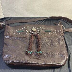 Brown Leather Shoulder Bag W/Southwestern Accents